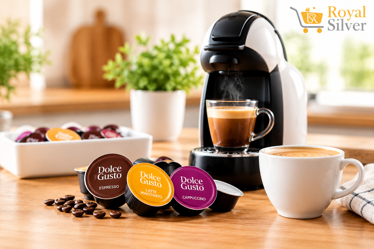 Dolce Gusto pods placed beside a coffee machine and a fresh cup of coffee on a kitchen counter, showing machine compatibility for Dolce Gusto compatible pods.
