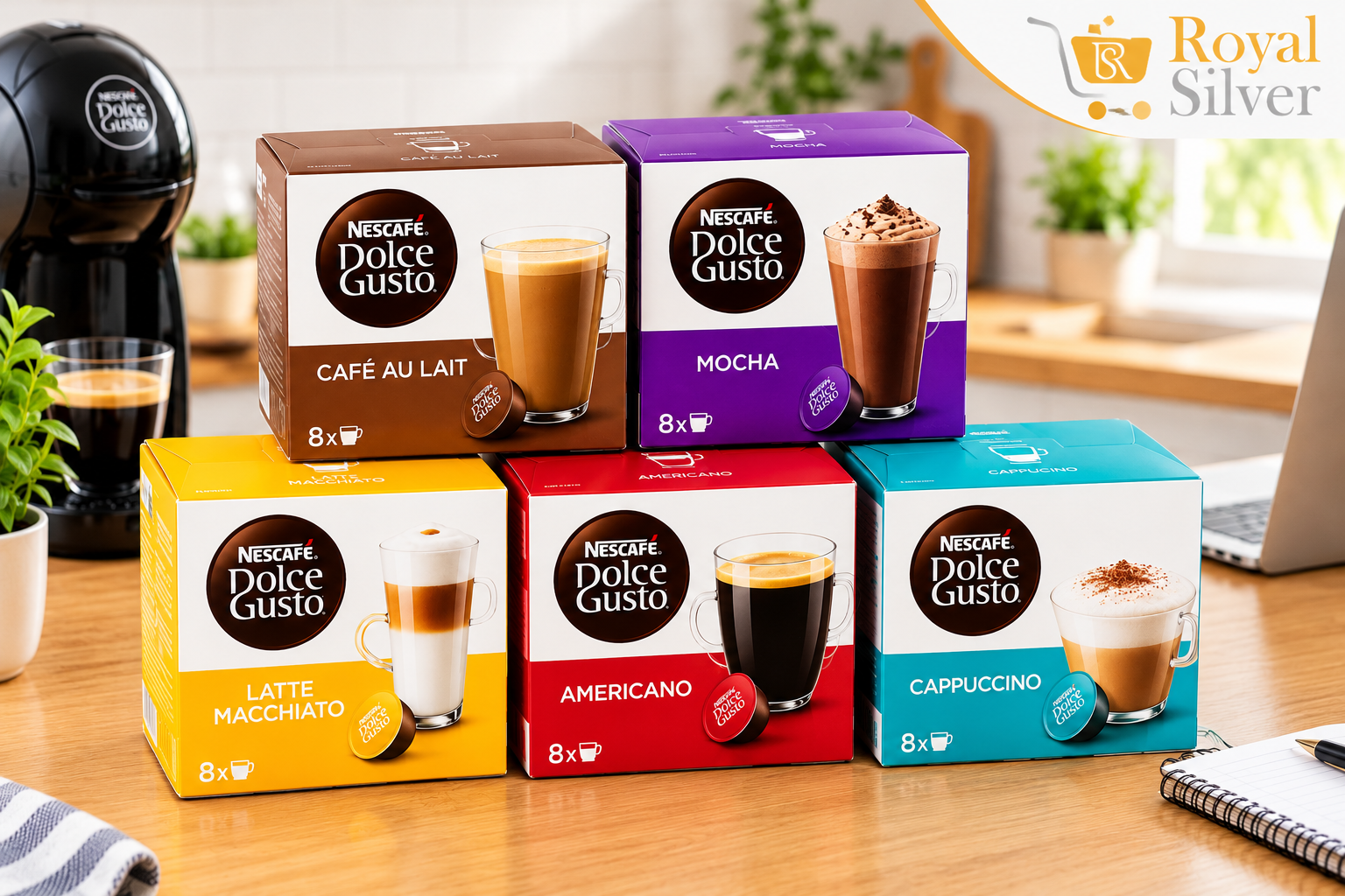 Dolce Gusto Pods UK Value Pack Comparison Guide Nescafé Dolce Gusto pod boxes stacked on a kitchen counter next to a coffee machine, showing pack sizes to compare for Dolce Gusto Pods UK value.