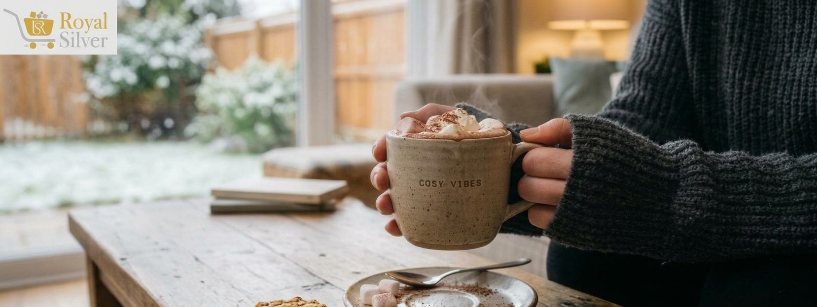 Hands holding a cosy mug of hot chocolate topped with marshmallows and cocoa on a wooden table, with a snowy garden seen through the window behind.