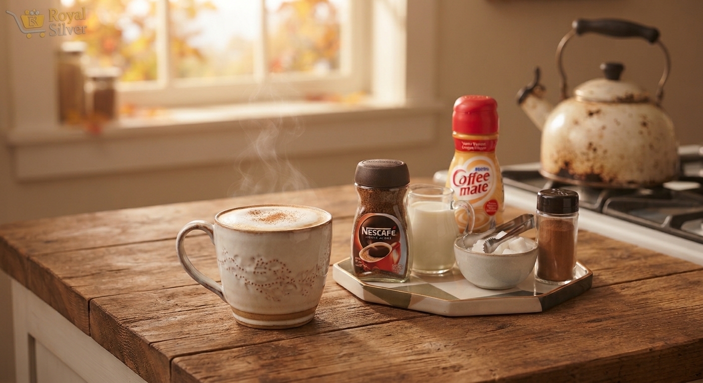 Foamy cinnamon coffee mug with Nescaf&eacute; jar, Coffee Mate creamer, milk, sugar and cinnamon on a rustic table by a sunny window