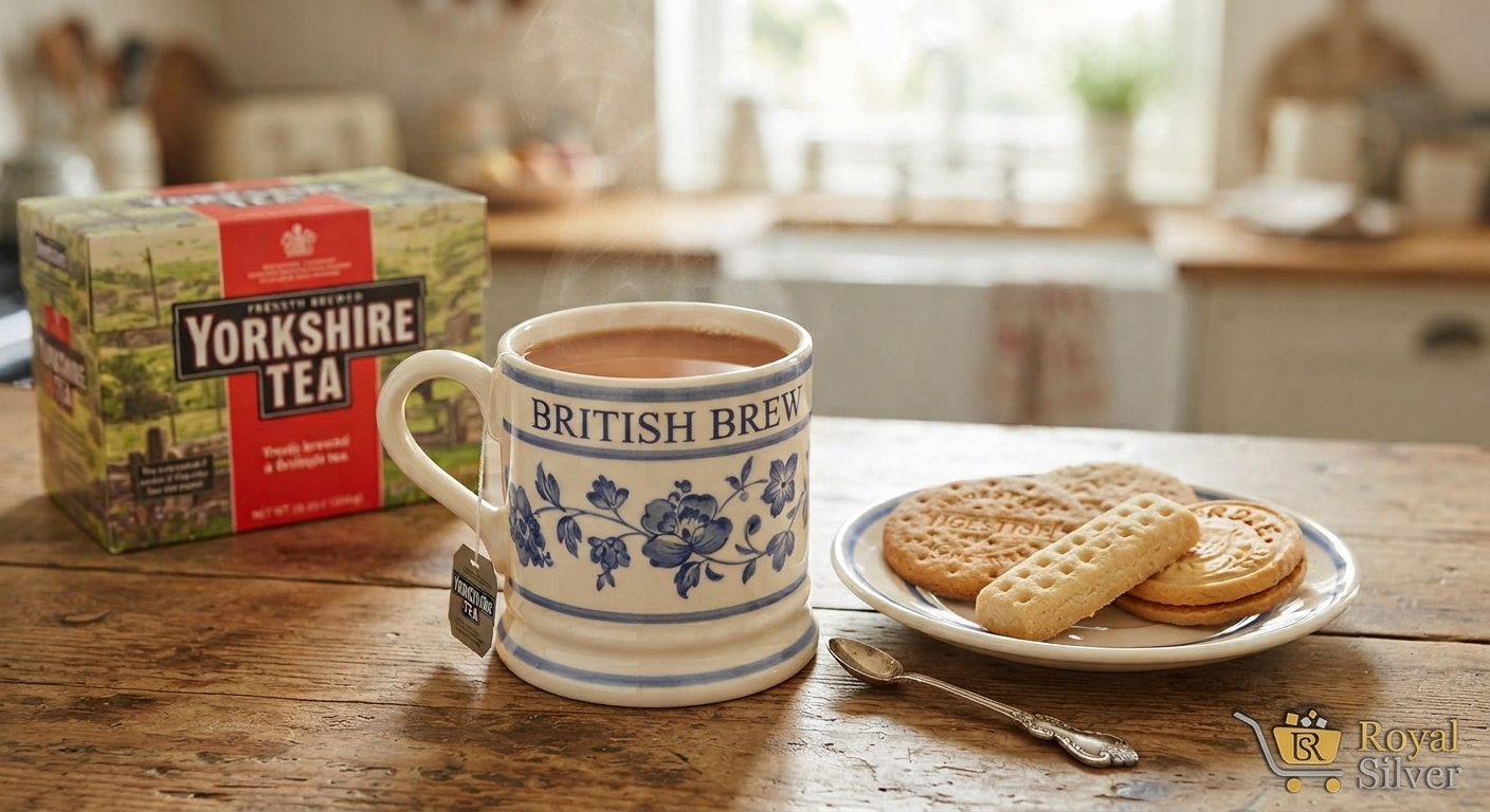 Yorkshire Tea box beside a blue floral British Brew mug of tea with digestive and shortbread biscuits on a wooden table